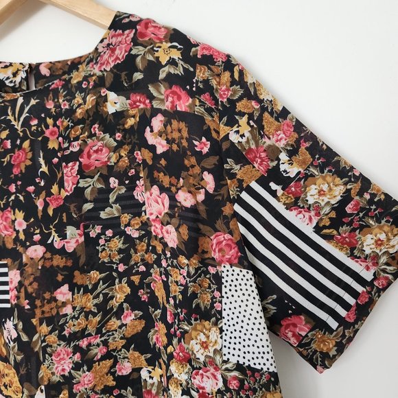 Vintage 90s Notations Black Floral Blouse Semi Sheer Stripes Short Sleeve Medium - Picture 4 of 16